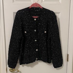 Mango Black Tweed Sweater Cardigan with Silver Sequins 2X
